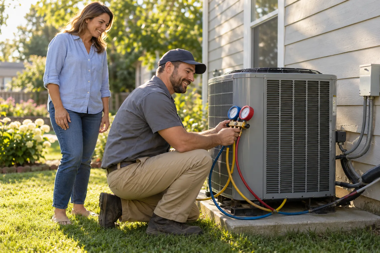 Friendly HVAC provider checking an outdoor air conditioner at a home in Dayton while a homeowner looks on