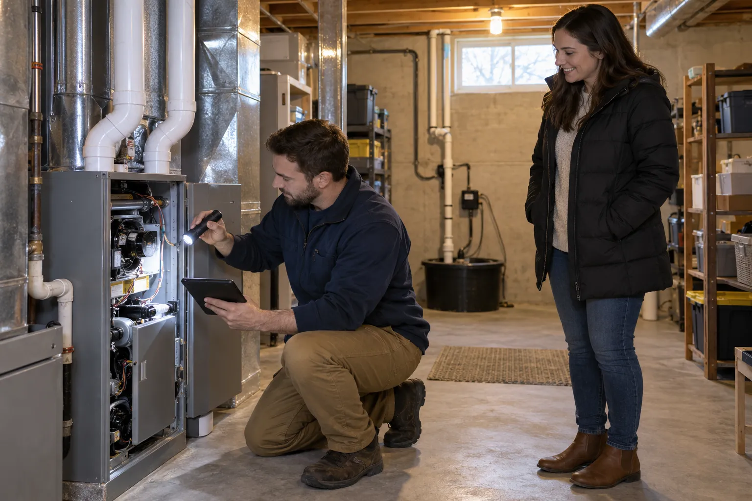 Provider checking a furnace in a Dayton basement while a homeowner looks on